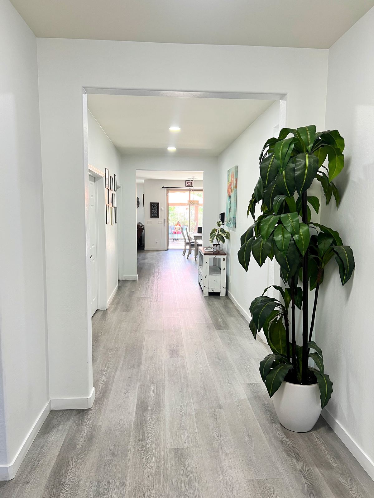 Bright main hallway with plant and wall decor